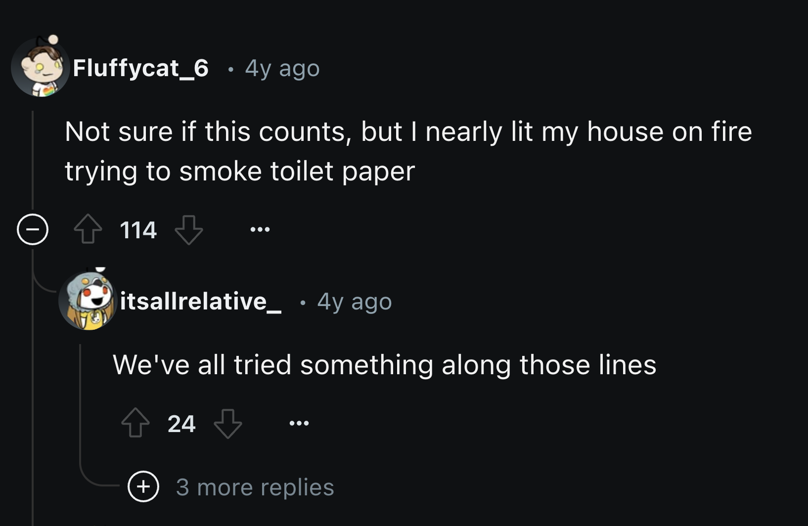 screenshot - Fluffycat_6 4y ago Not sure if this counts, but I nearly lit my house on fire trying to smoke toilet paper 114 itsallrelative_ 4y ago We've all tried something along those lines 24 3 more replies